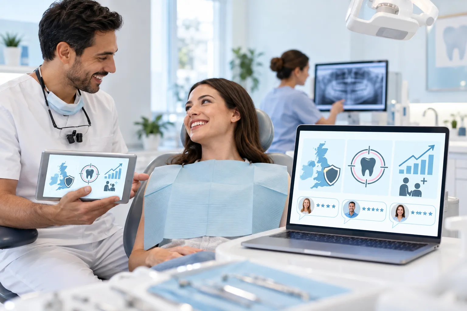 Dental marketing dashboard showing growth charts, technology, and high-conversion lead generation strategies