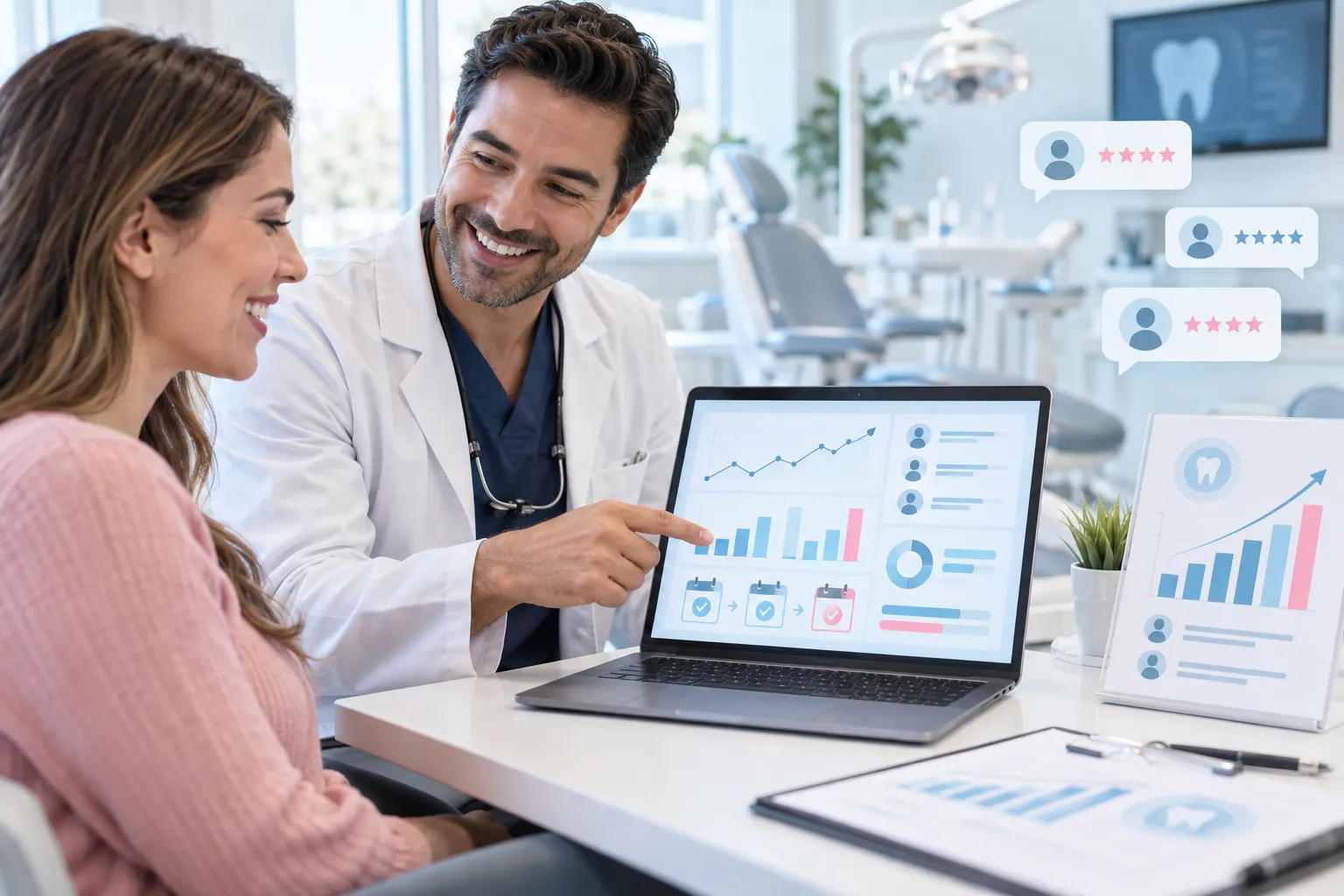 Dental marketing dashboard tracking 60-to-90-day lead growth and return on investment