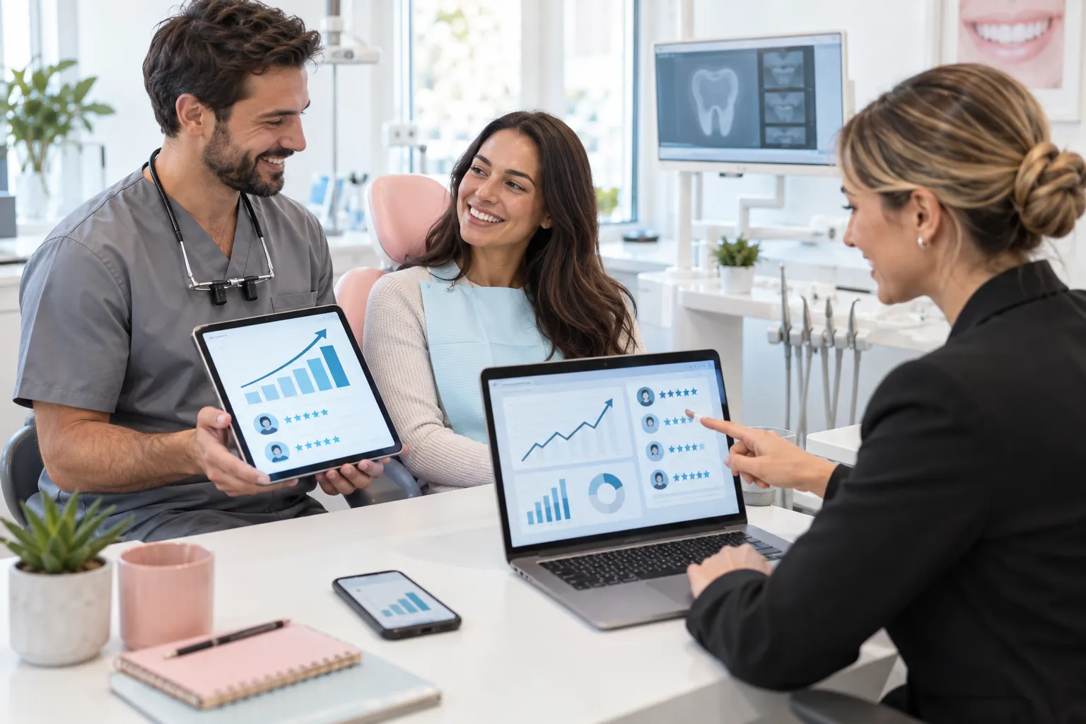Modern dental office with rising growth charts and digital marketing icons