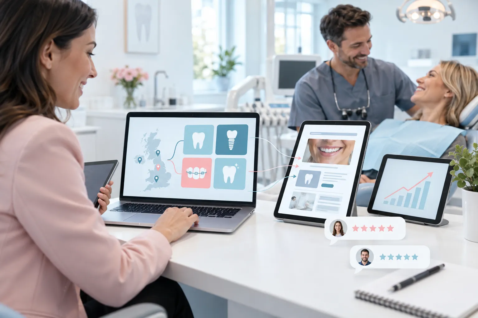 Digital marketing dashboard showing dental treatments linked to rising growth metrics