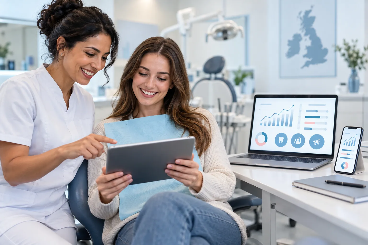 Modern digital marketing dashboard showing lead generation growth for a UK dental practice