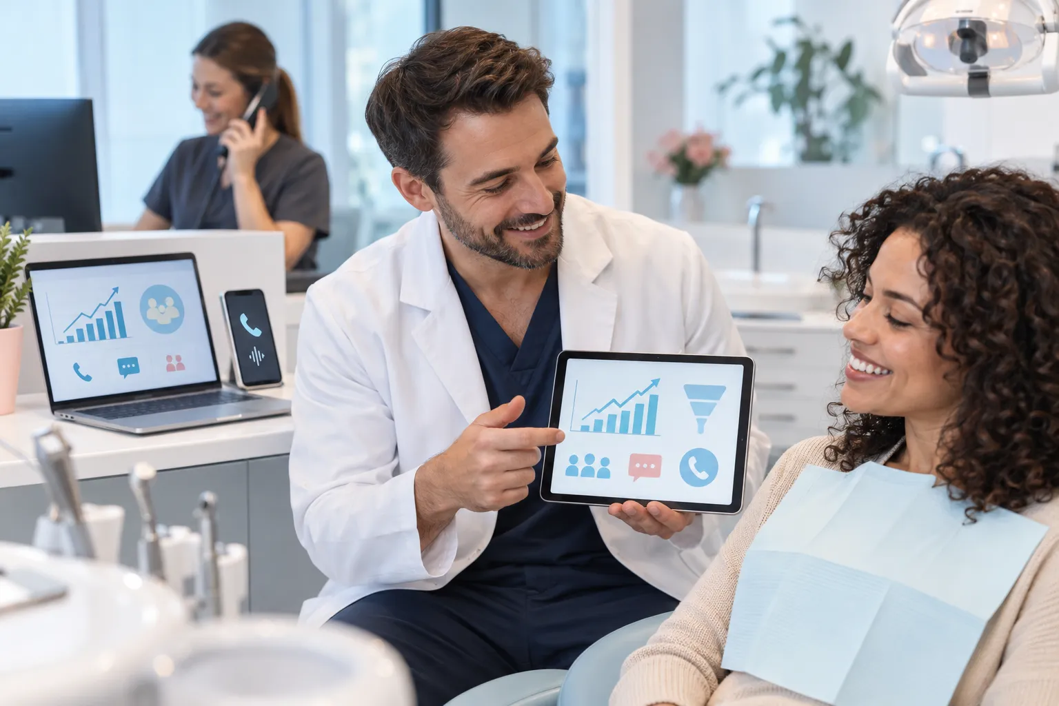 Modern dental practice marketing graphic featuring technology and patient growth icons