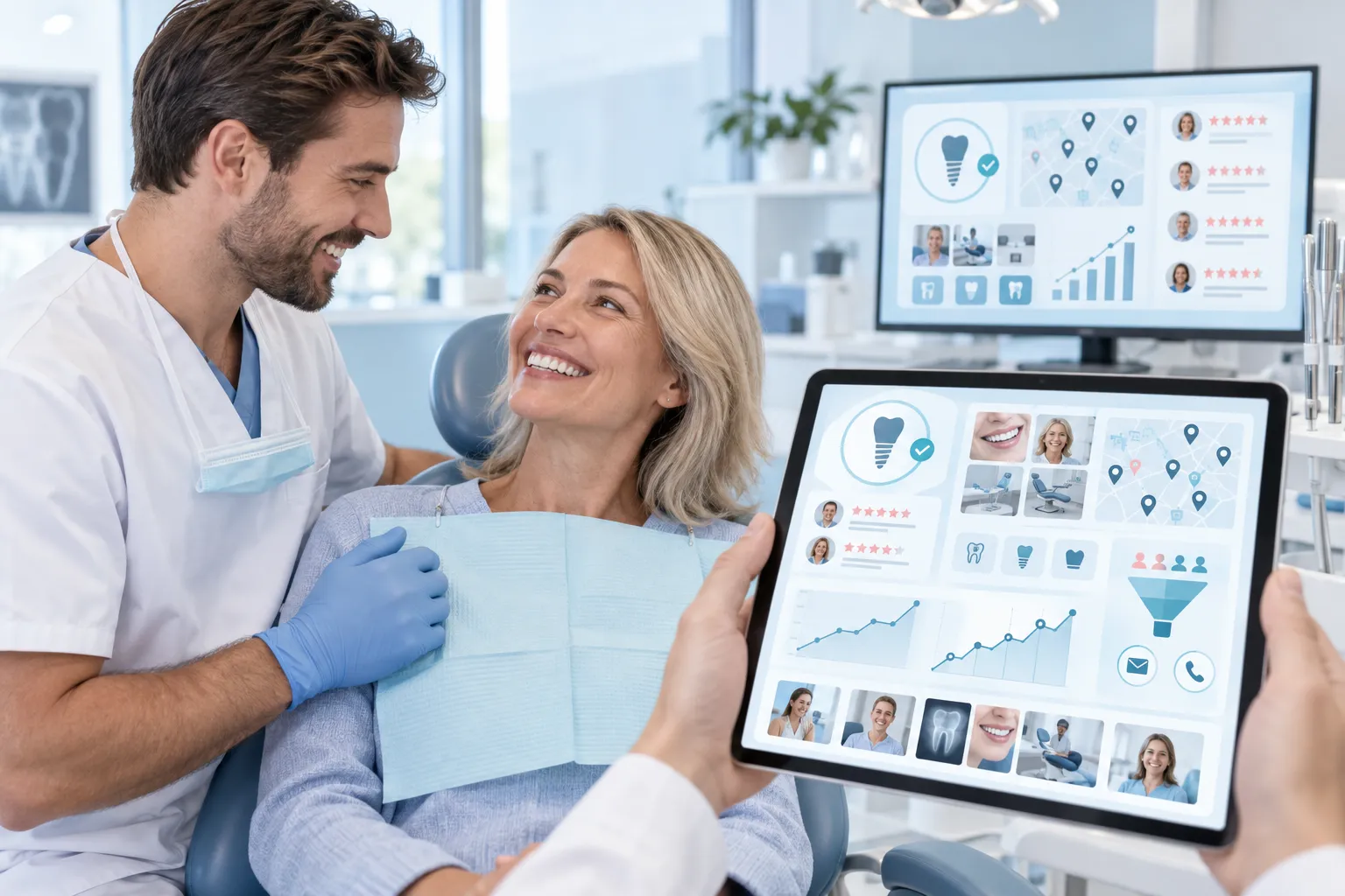 Modern dental marketing graphic showing digital growth and lead generation tools