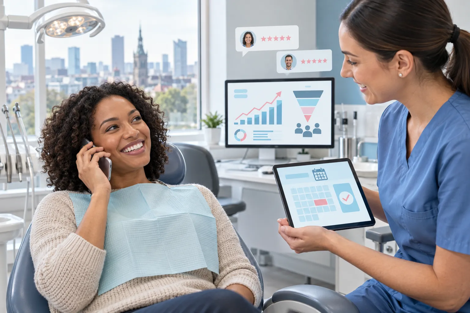 Modern digital dental marketing graphic showing tooth icons and growth charts with Birmingham skyline