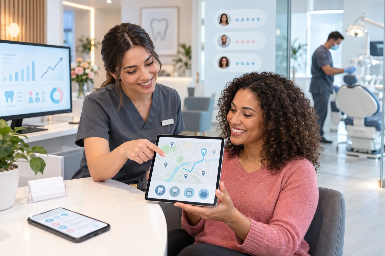 Modern dental practice scene with digital marketing icons showing growth and lead generation