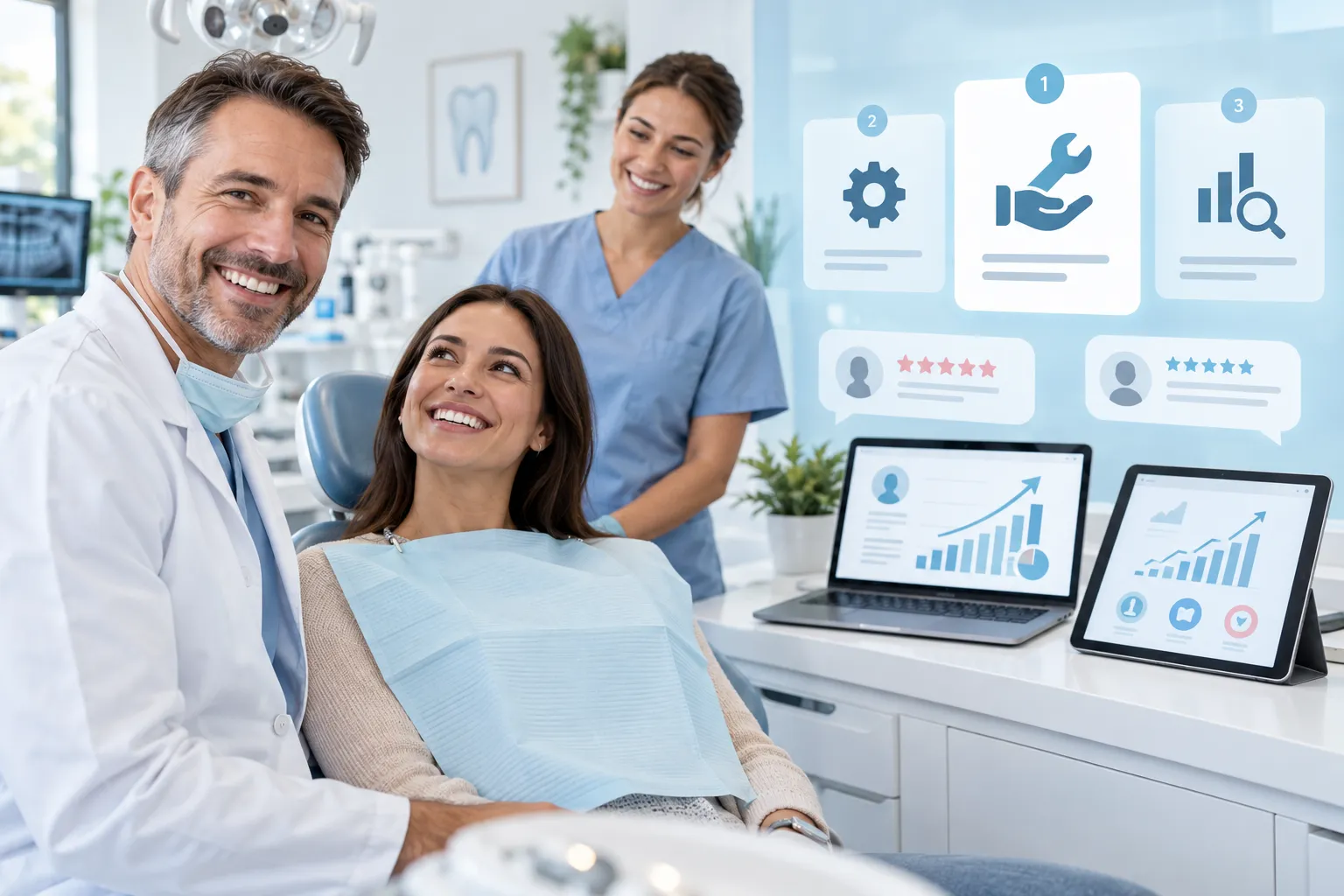 Modern digital marketing dashboard showing dental practice growth and lead generation charts