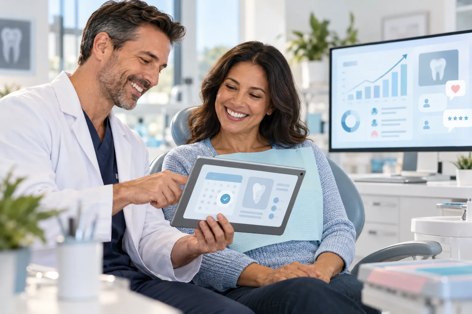 Modern dental marketing dashboard showing digital lead growth charts and analytics