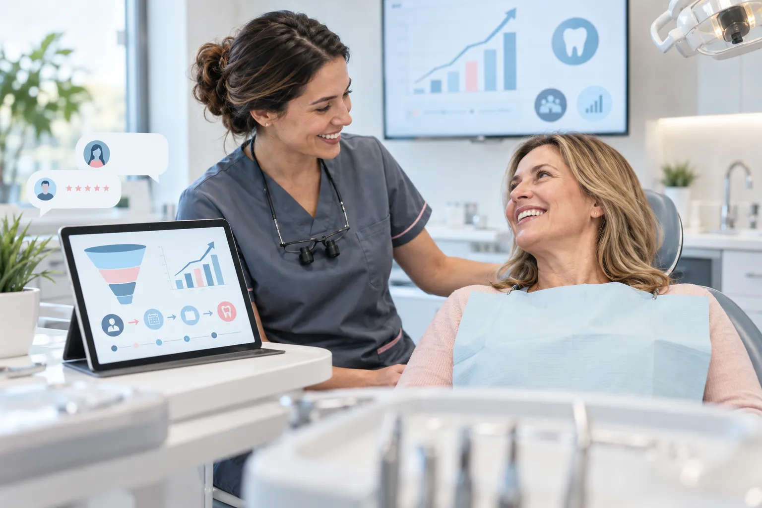 Modern digital marketing dashboard for dental practices showing implant case growth metrics