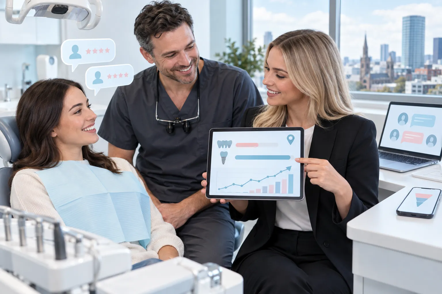 Modern digital marketing visual showing dental practice growth and lead generation