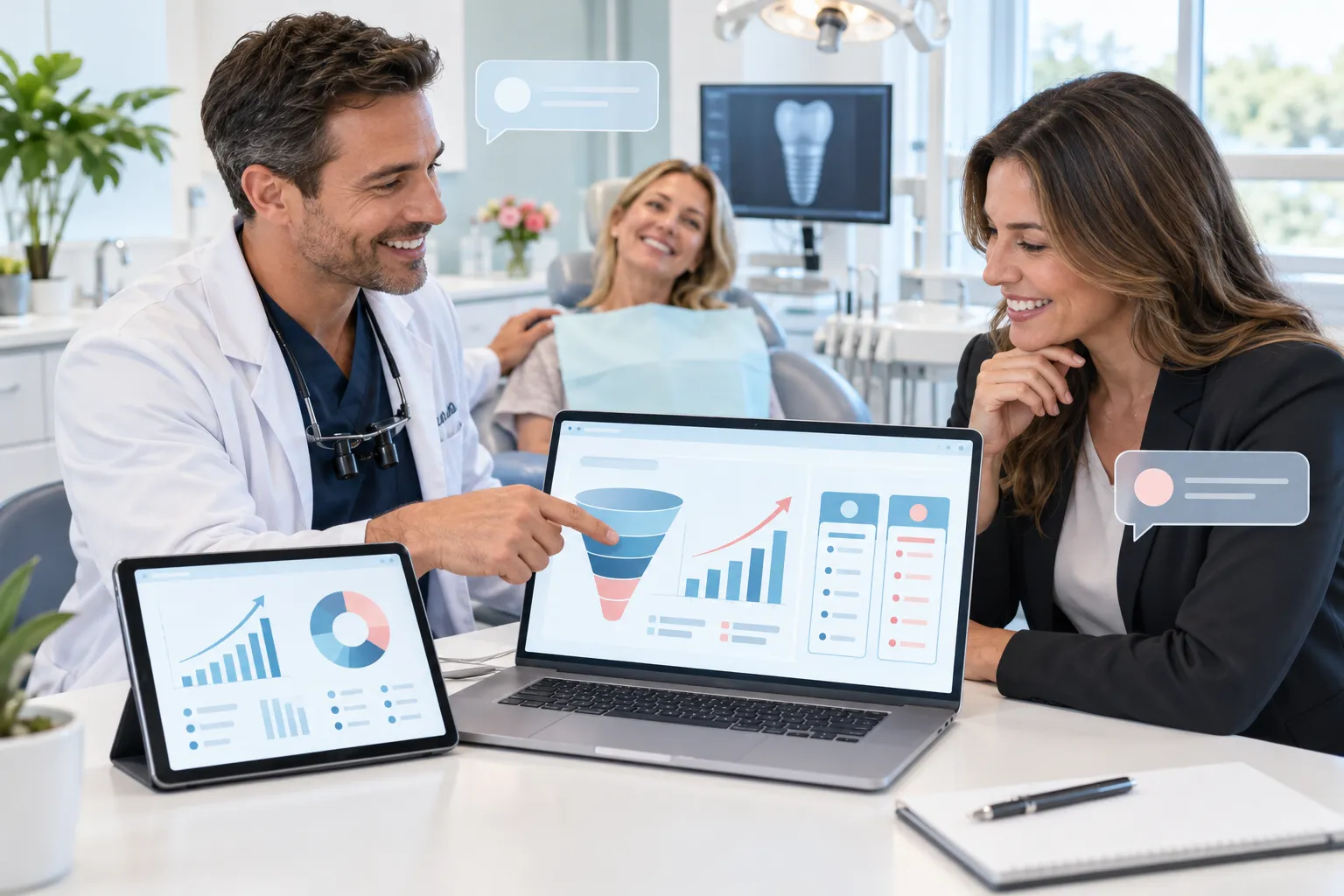 Modern dental clinic with digital marketing icons and growth chart, UK flag accent