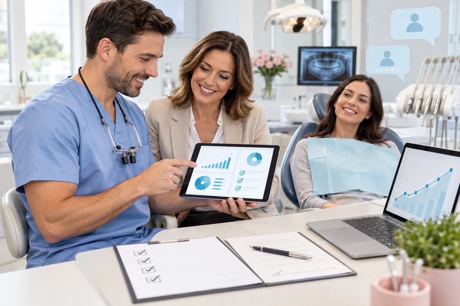 Checklist graphic with dental technology icons illustrating lead generation strategies