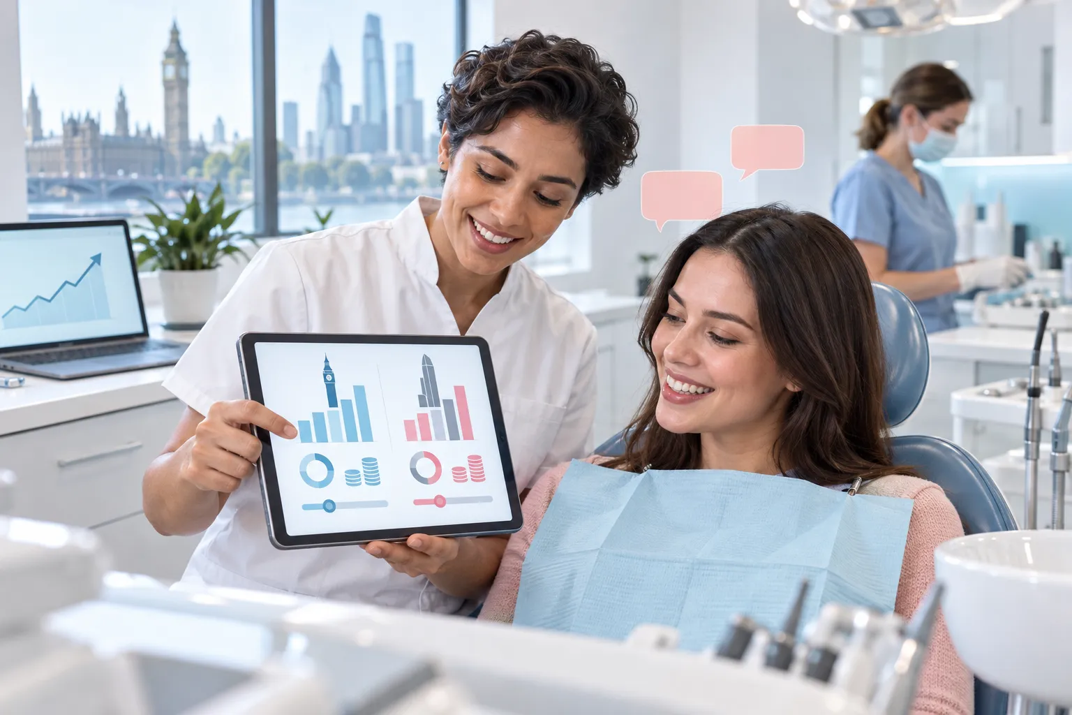 Modern digital marketing dashboard showing dental practice budgets, ROI, and city-based growth strategies