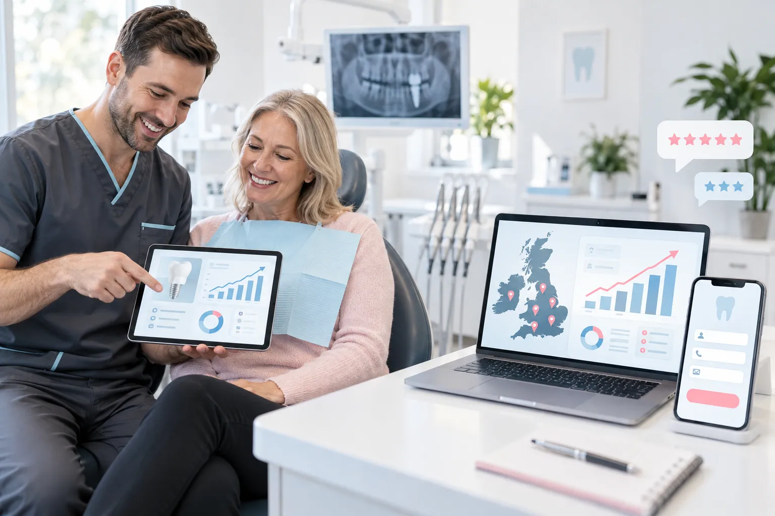 Modern digital marketing dashboard showing dental practice growth and lead generation