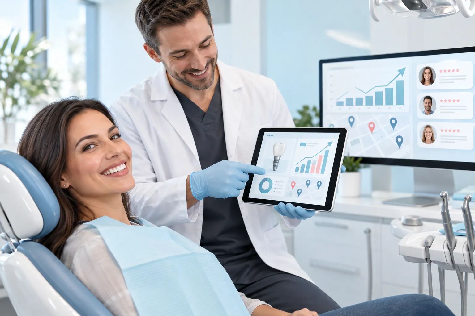 Modern digital marketing graphic showing dental implant practice growth through SEO strategies