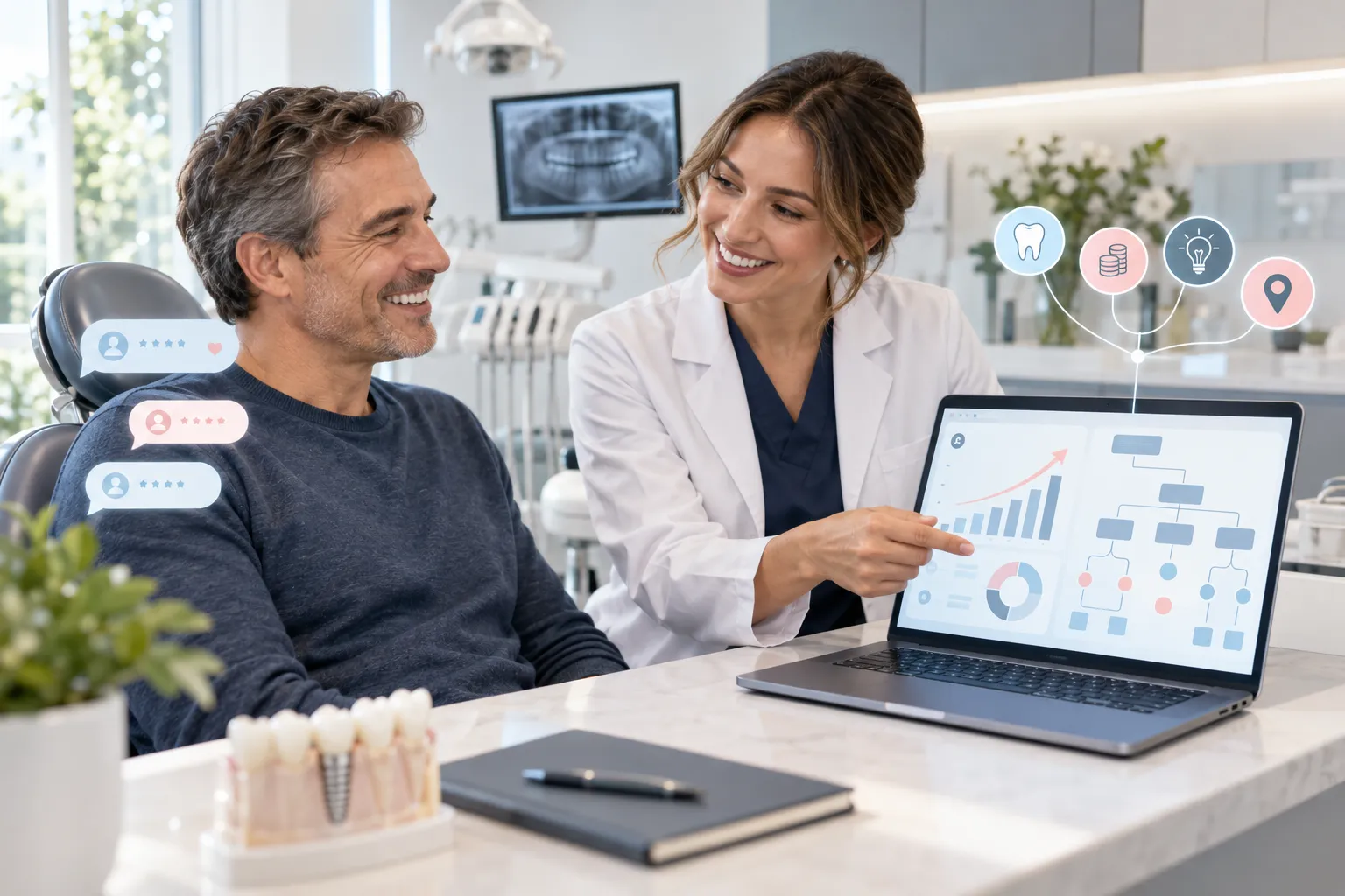 Digital marketing dashboard showing keyword strategy and website structure for dental implant growth