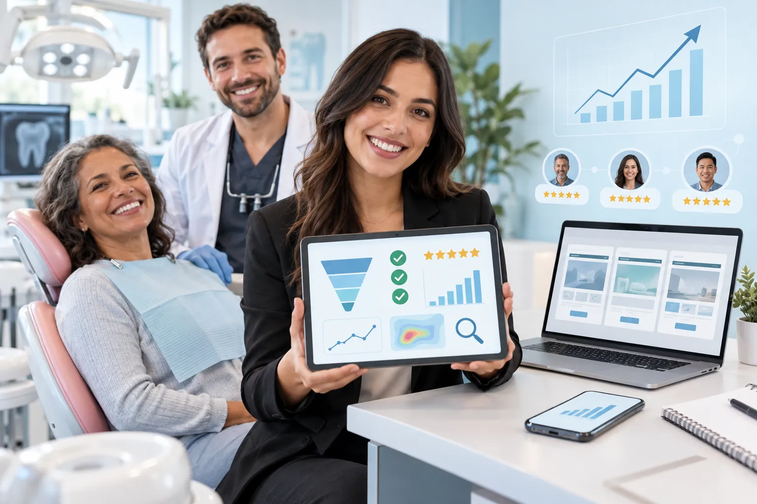 Digital marketing icons with dental tools showing growth and lead generation
