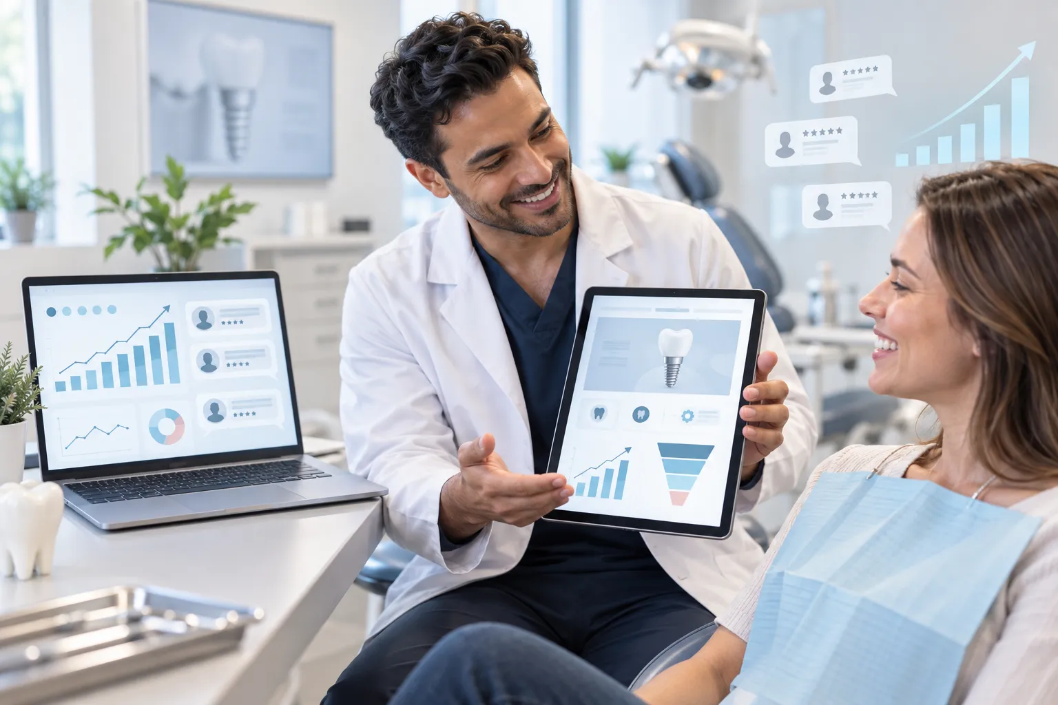 Modern dental implant website displayed on laptop with upward growth chart
