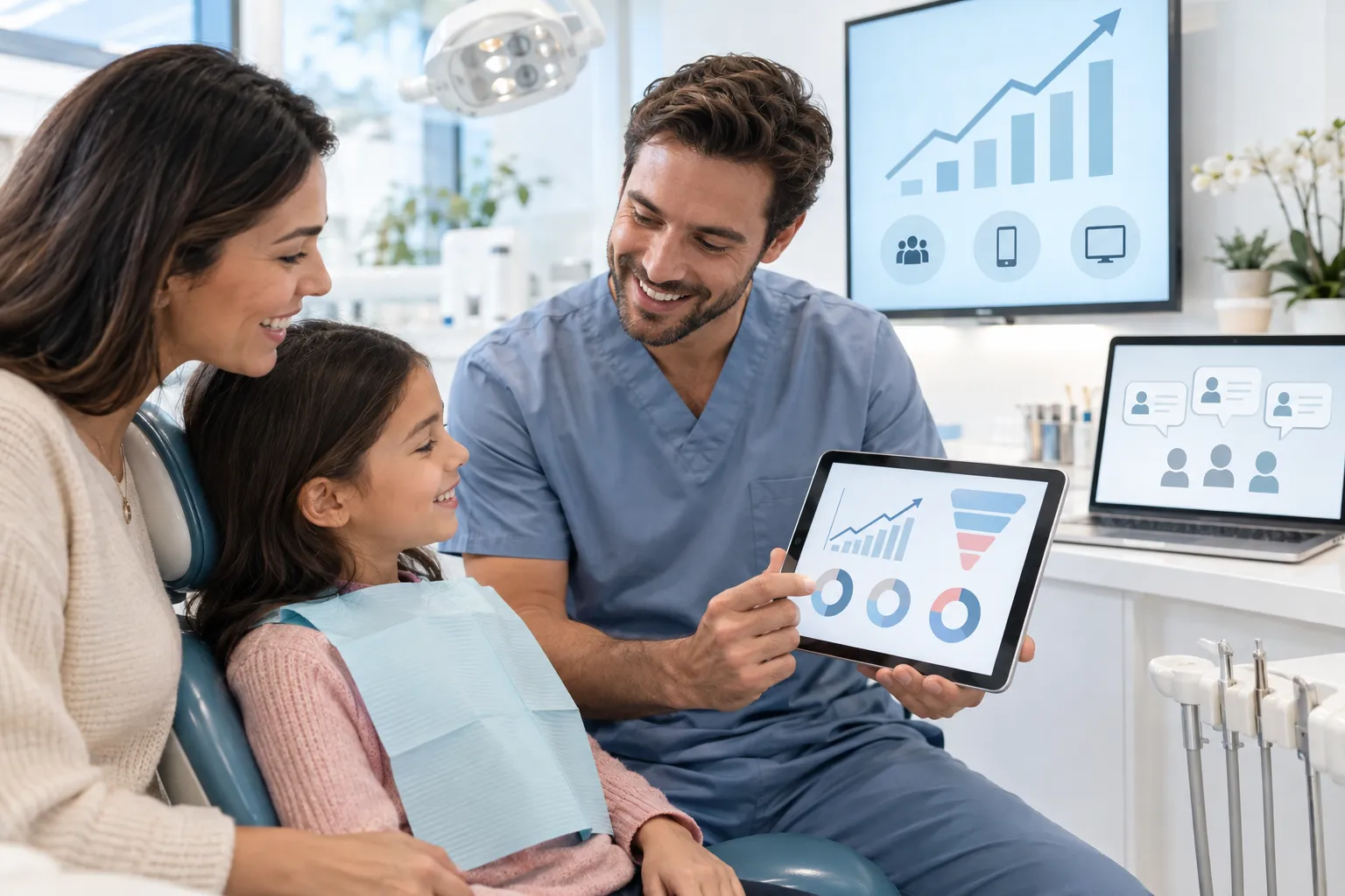 Seven modern dental practice logos with digital technology and growth graphics