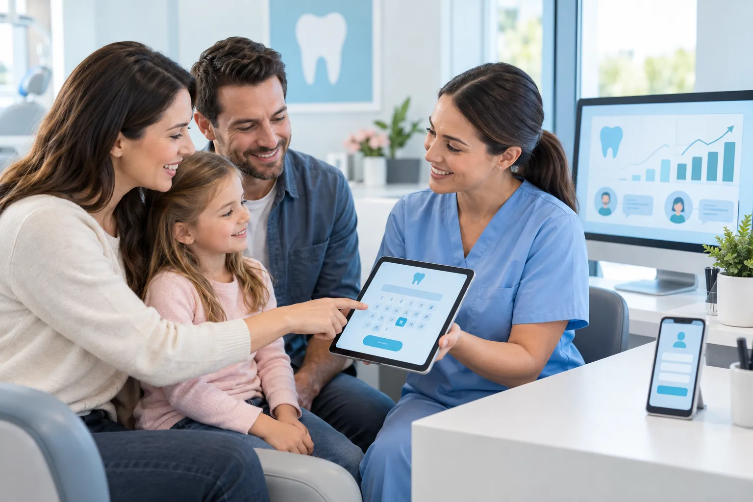 Modern digital marketing visual showing dental practice growth and lead generation