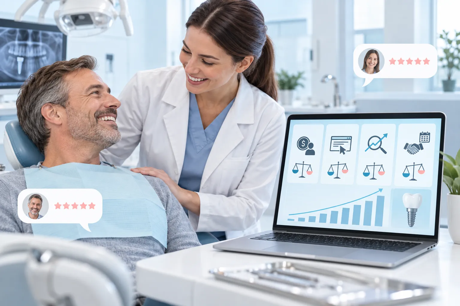 Digital marketing dashboard showing dental practice growth and lead generation metrics