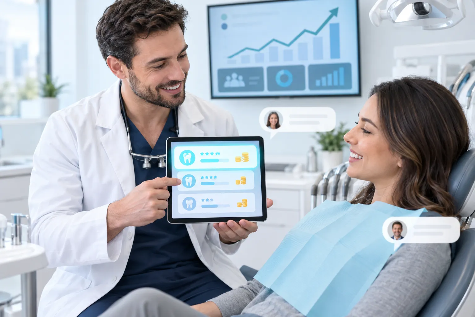 Modern digital marketing visual showing dental practice growth and teeth whitening lead generation
