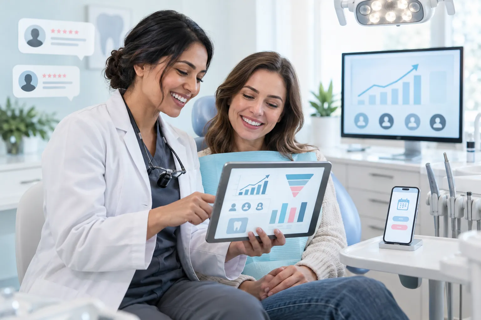 Digital marketing illustration showing teeth whitening lead growth for Birmingham dental practices