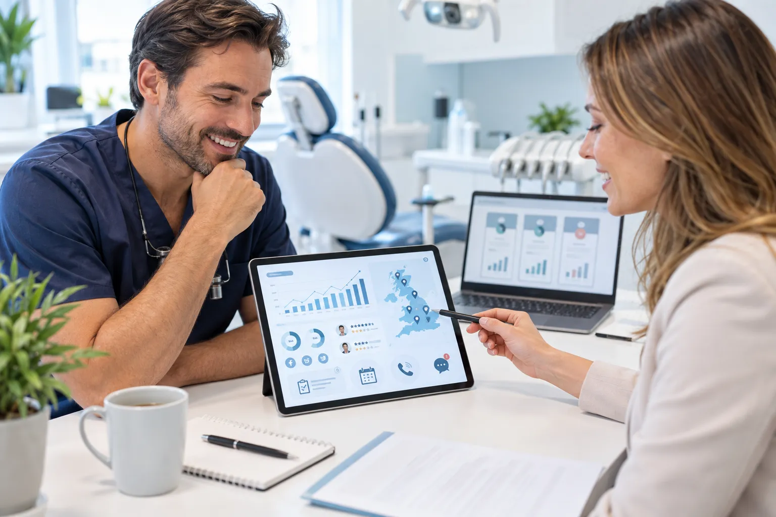 Digital marketing dashboard showing dental practice growth and lead generation metrics