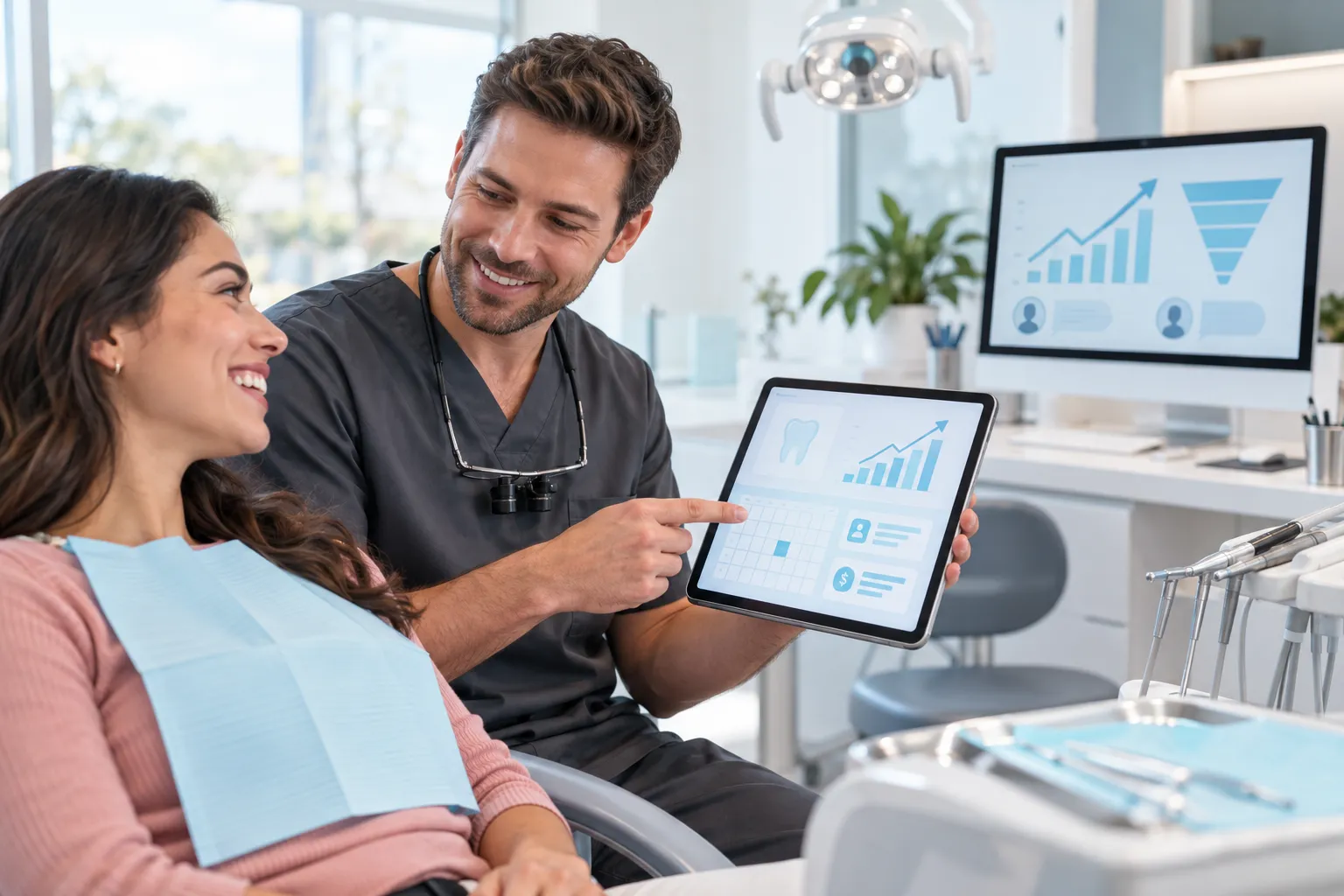 Digital marketing dashboard showing dental practice lead growth and smile makeover quotes