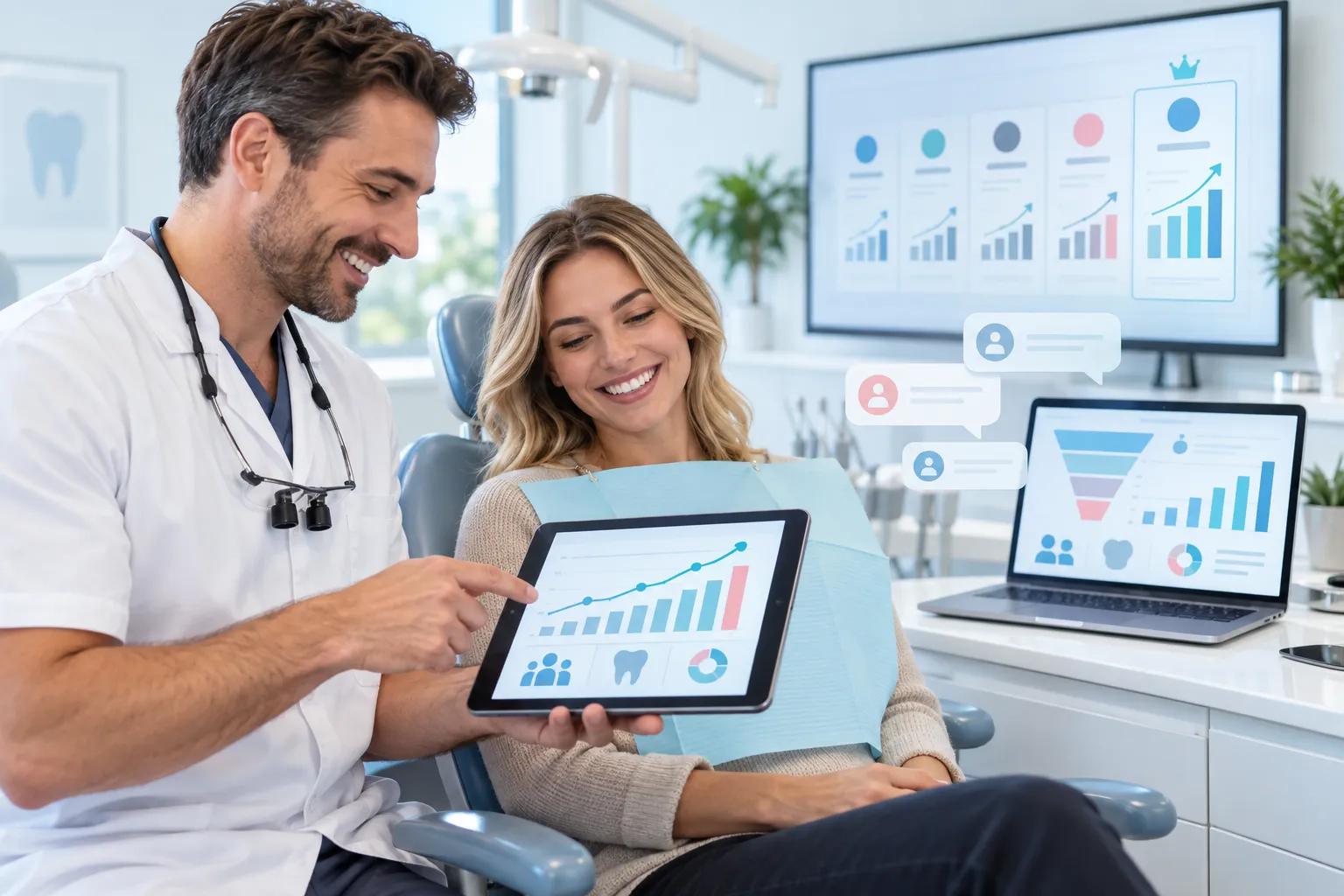 Modern dental clinic with digital marketing icons showing lead growth
