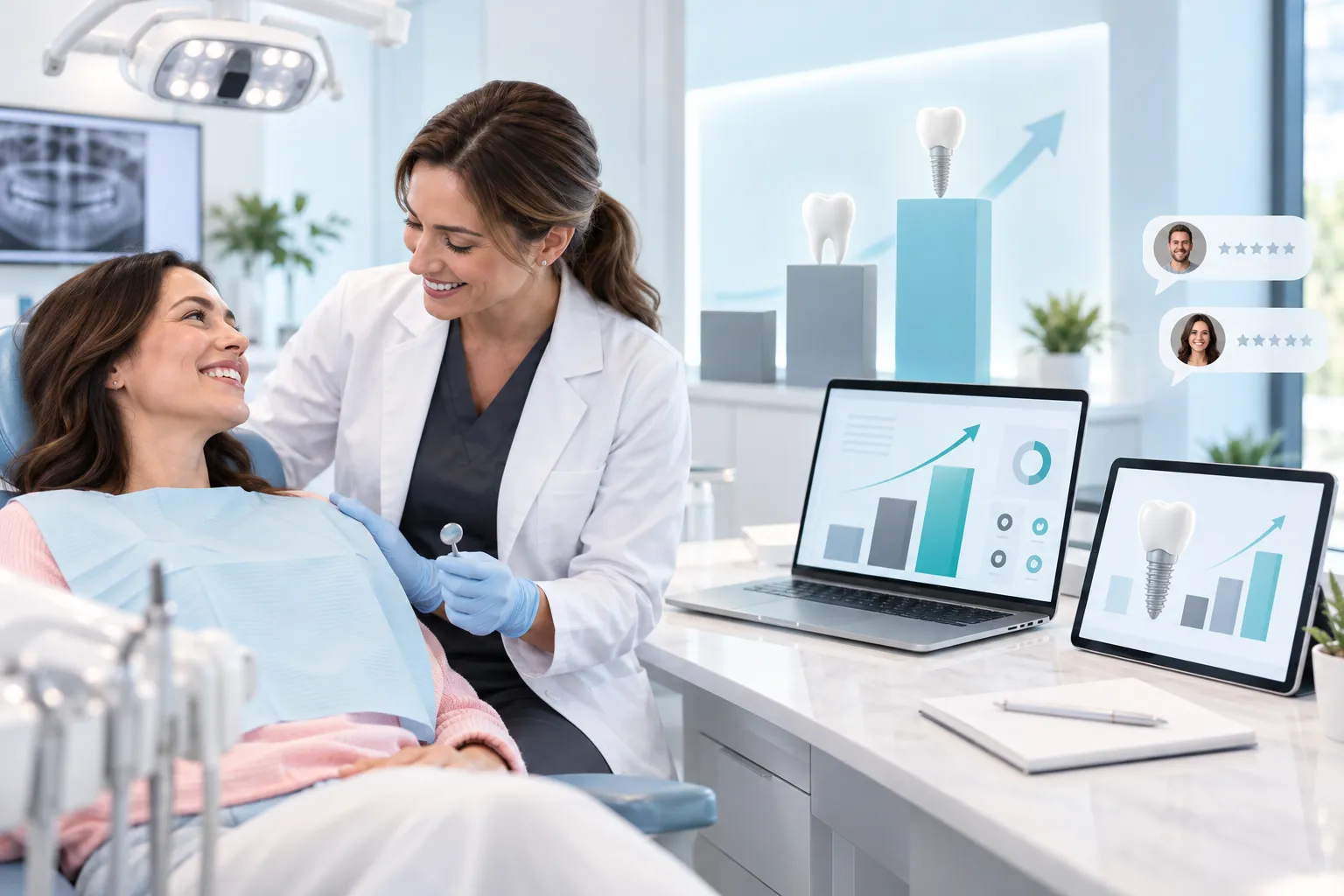Modern digital marketing dashboard showing dental implant growth and lead generation