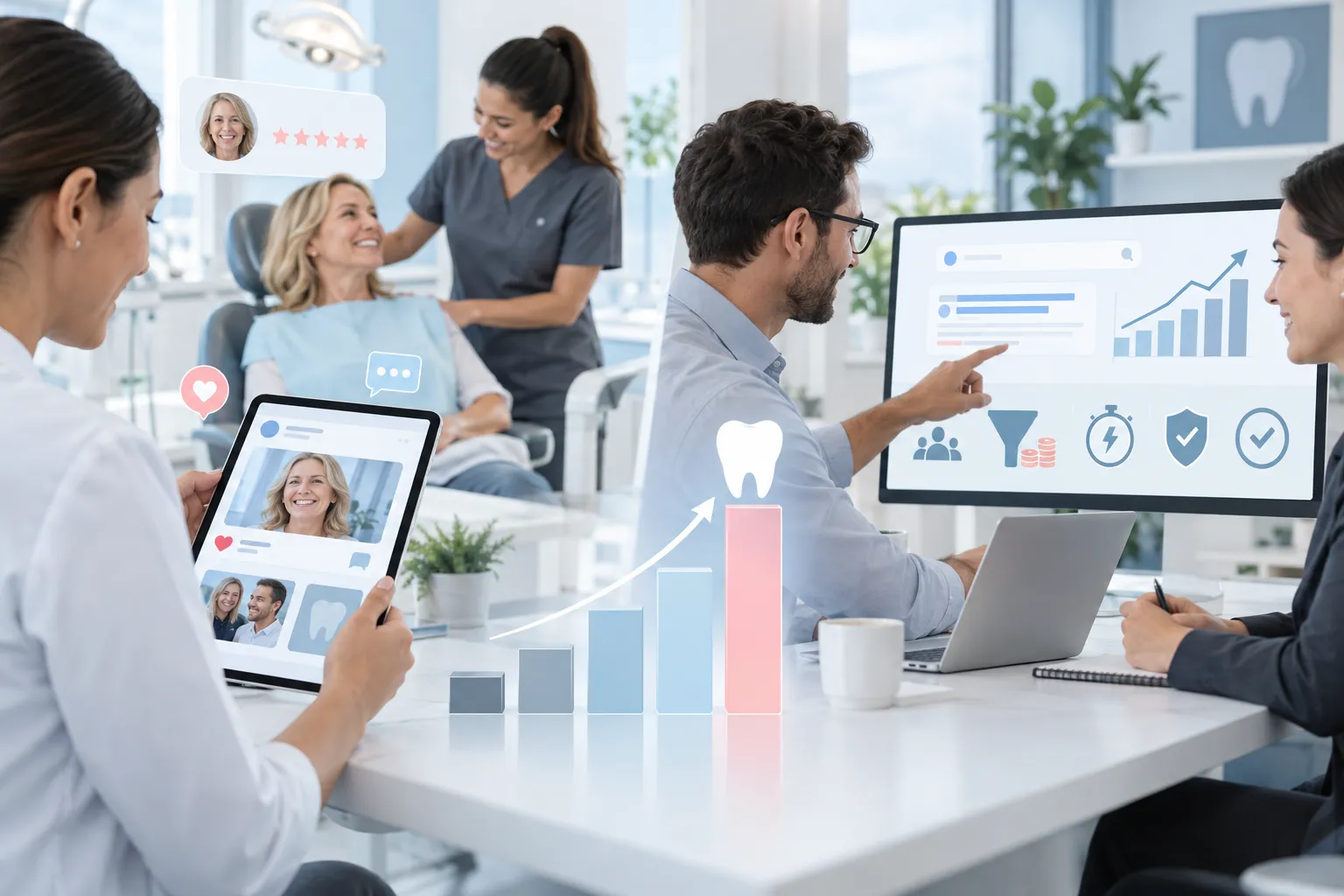 Digital marketing dashboard showing lead generation growth for dental implants