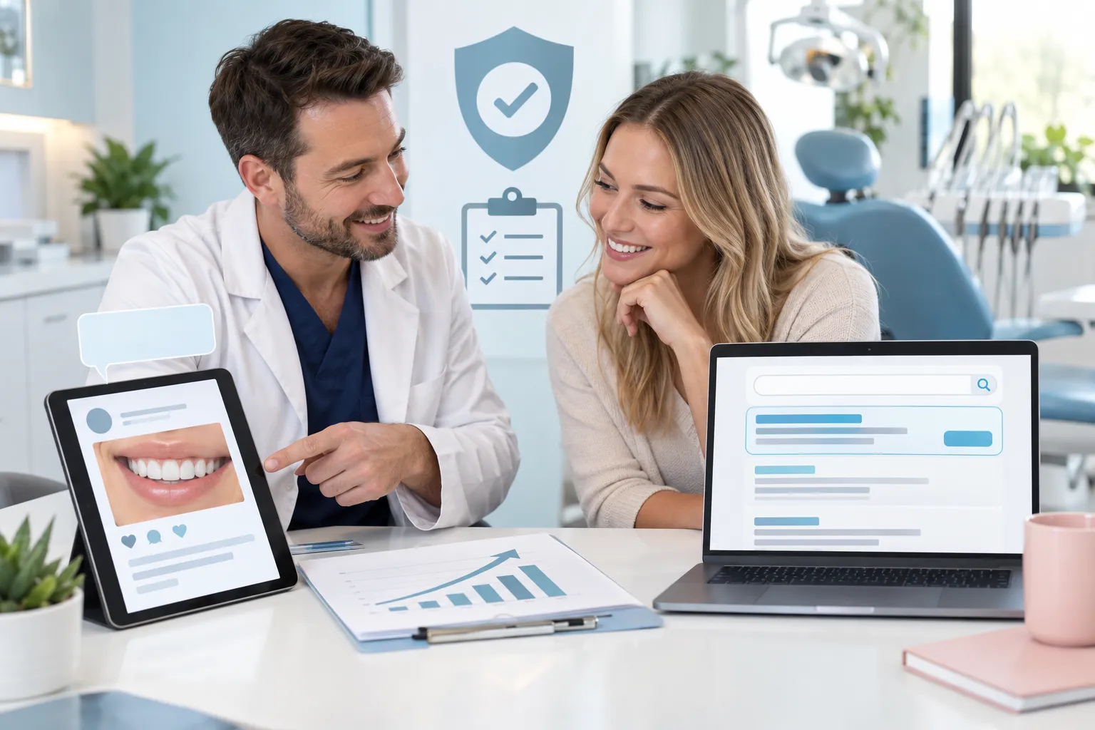 Modern dental marketing graphic showing compliant digital channels driving practice growth