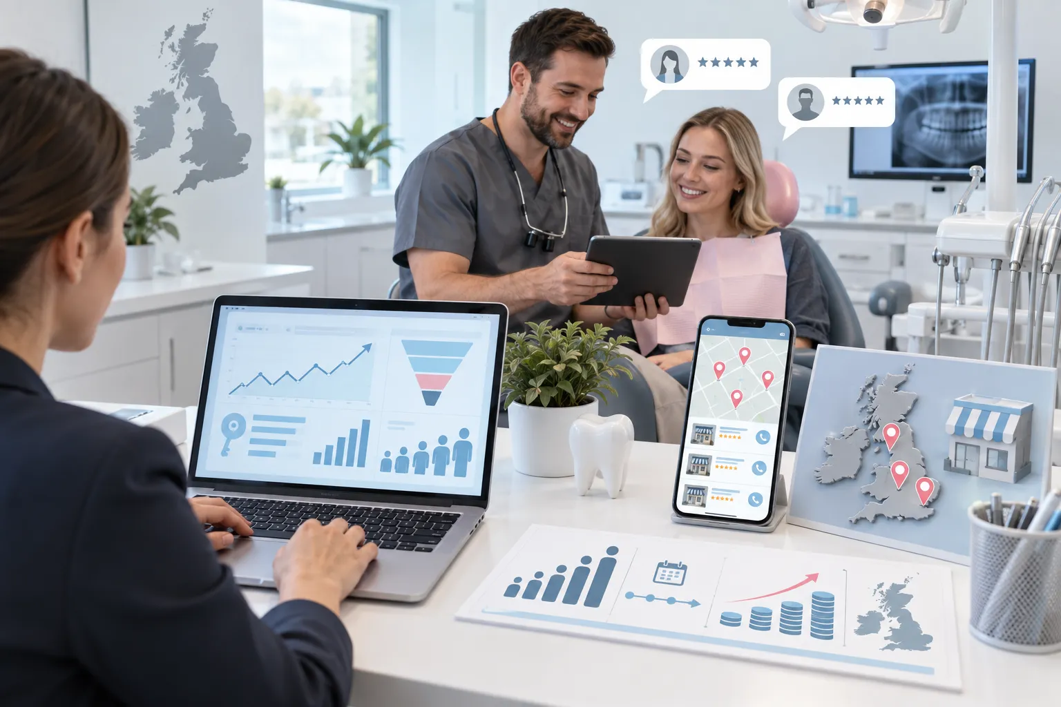 Digital marketing dashboard showing dental lead generation growth metrics