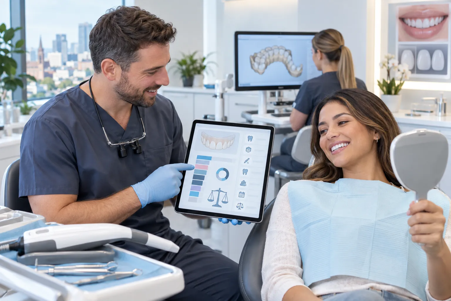 Modern digital marketing visual showing dental veneer cost factors and lead growth