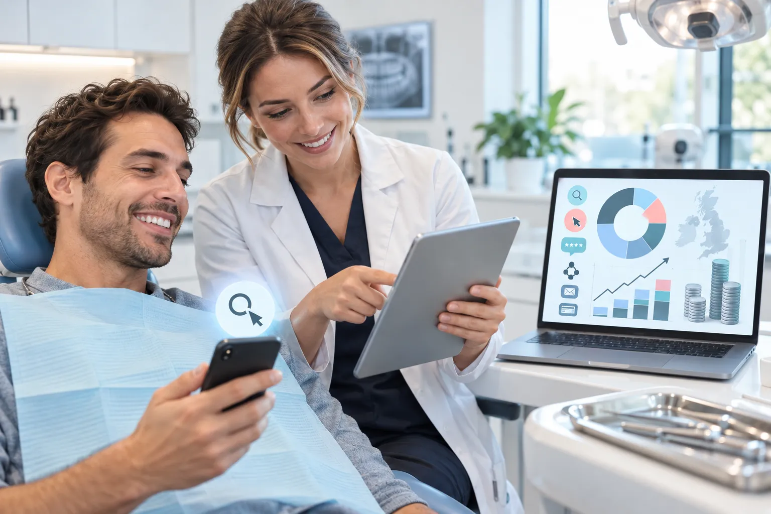 Modern digital marketing dashboard showing cost breakdown for dental implant campaigns