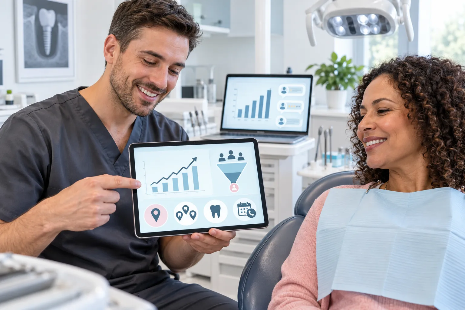 Digital marketing dashboard showing dental practice lead growth and conversions