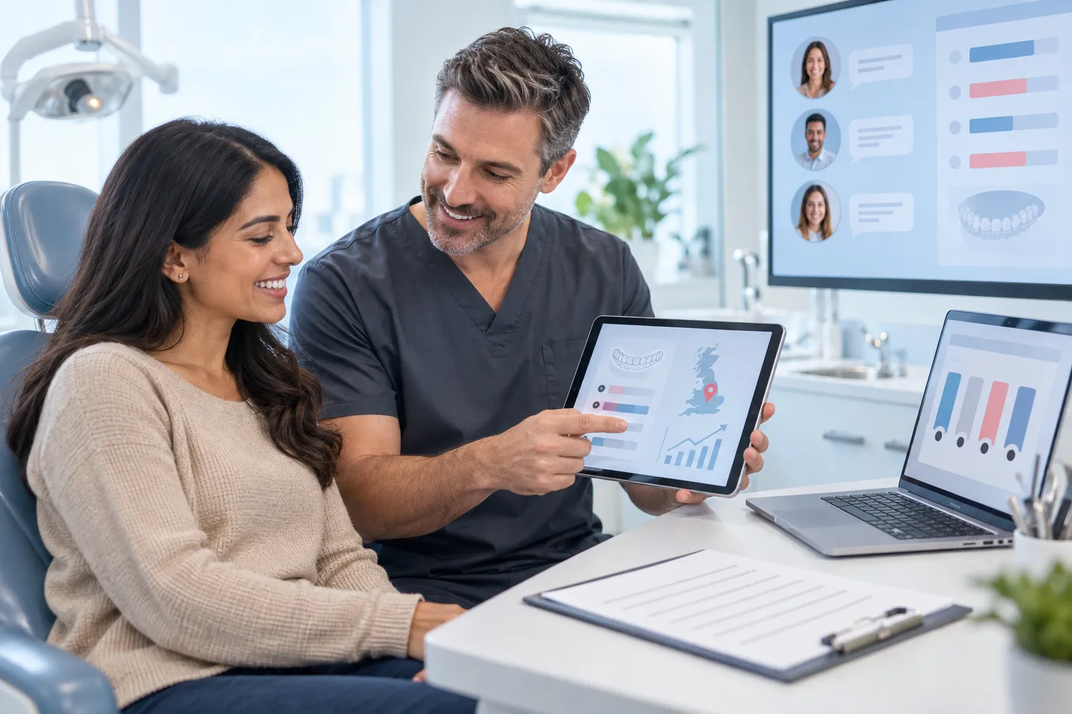 Digital marketing dashboard showing dental practice growth and lead generation metrics