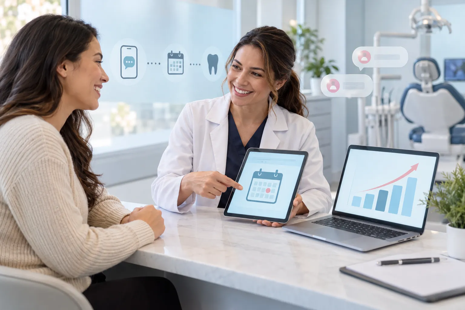 Modern digital marketing dashboard showing budget growth charts for dental practices