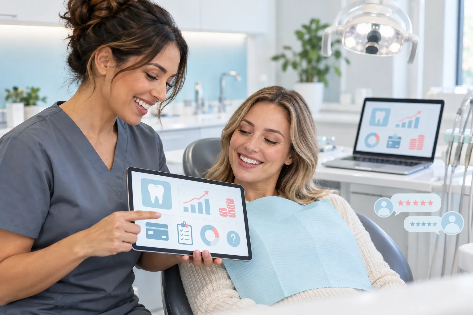 Modern dental office scene showing composite bonding cost and payment options