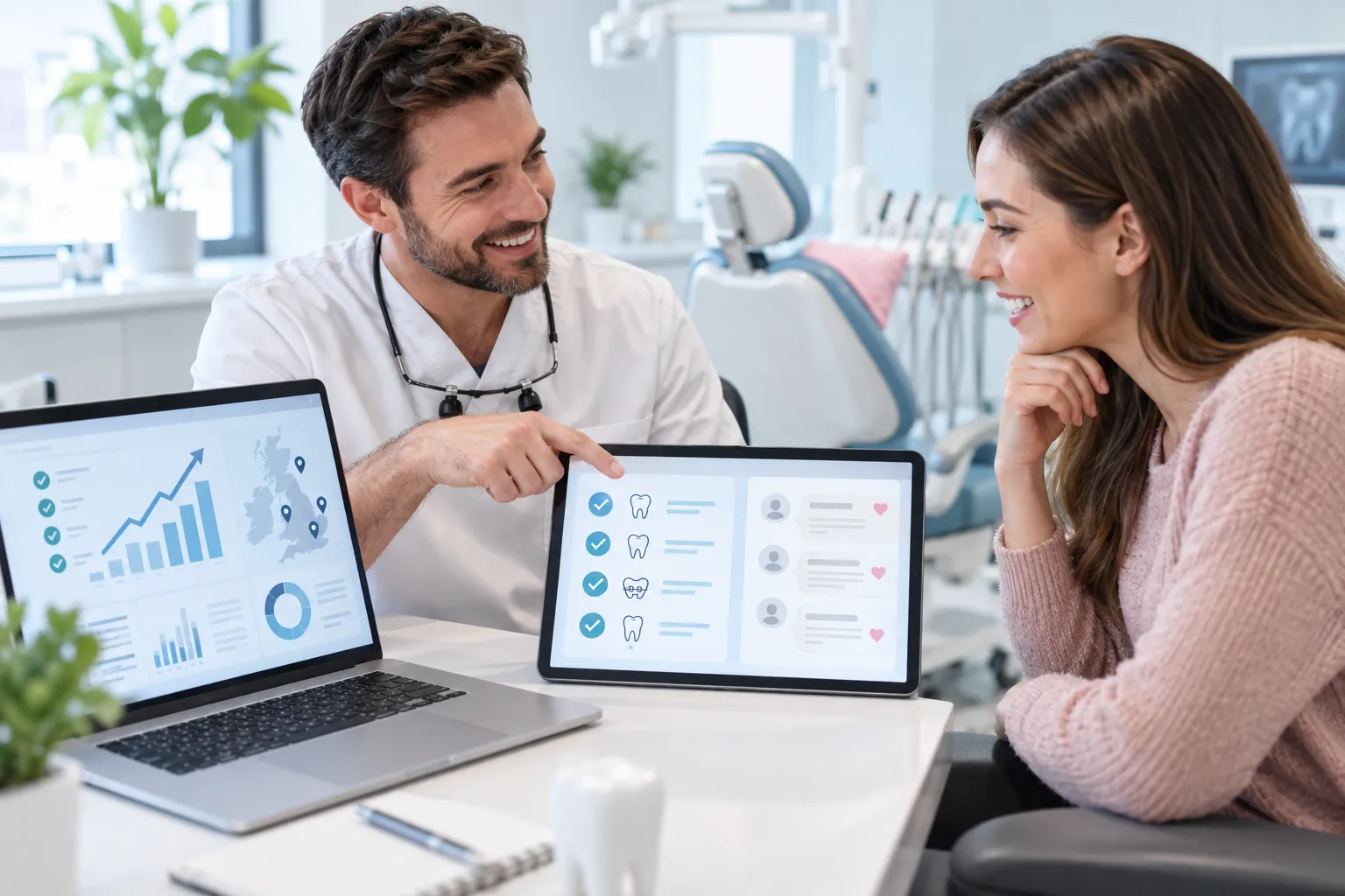 Digital marketing dashboard showing dental practice growth and lead generation charts