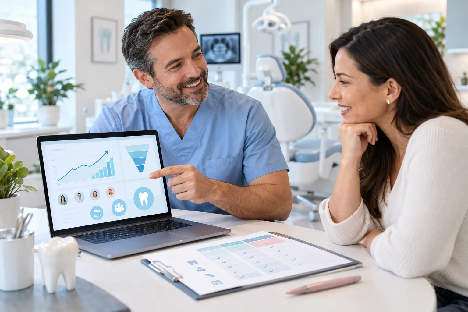 Modern dental office with laptop showing SEO growth charts and marketing icons