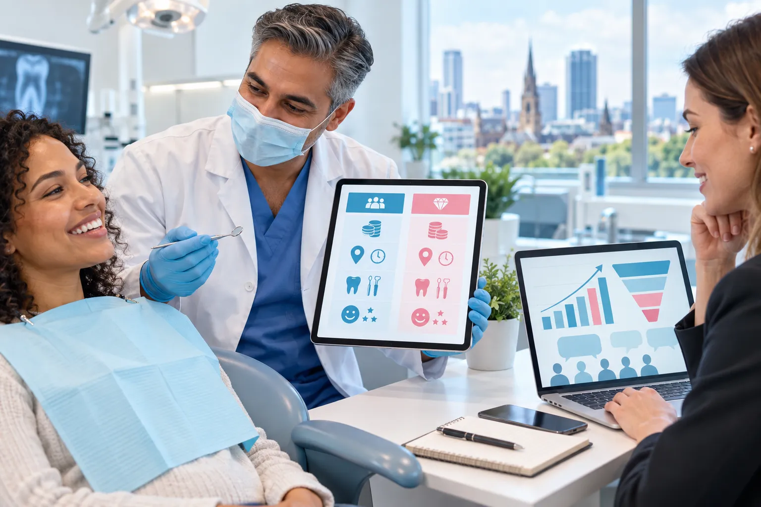 Digital marketing visual showing dental practice growth and lead generation strategies