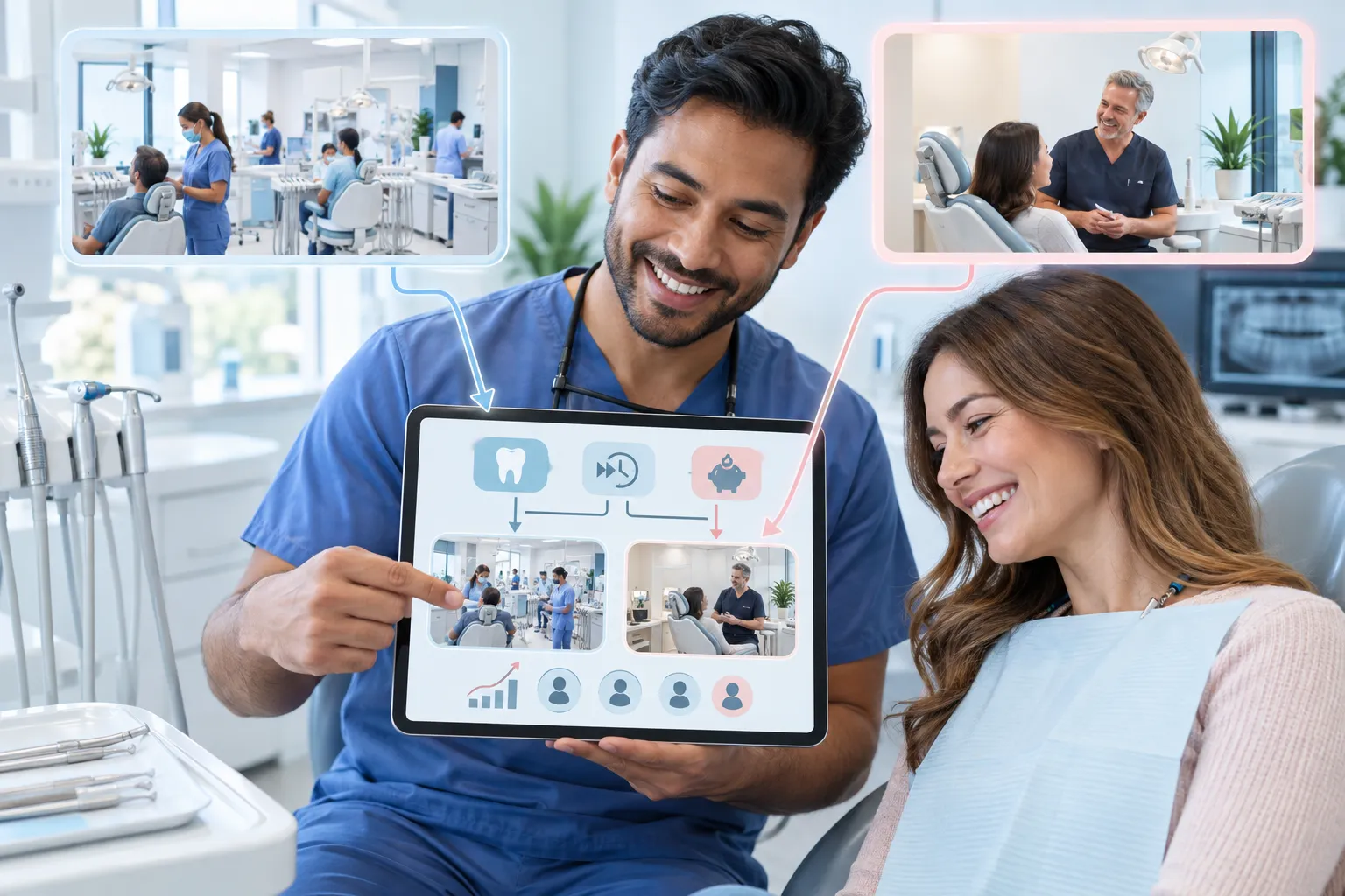 Modern digital marketing infographic showing decision pathways for dental practices