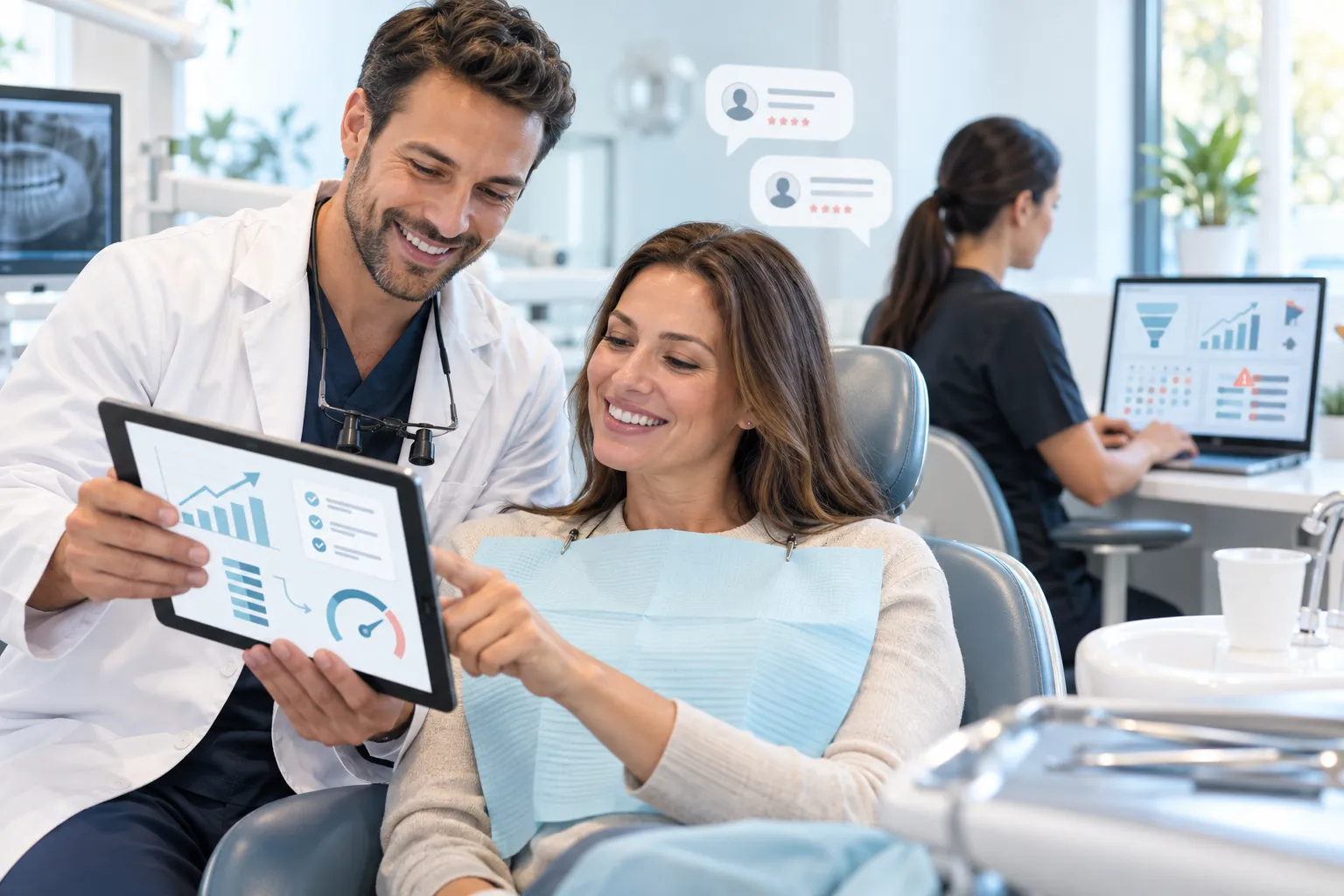 Modern dental marketing checklist with growth chart and digital lead generation icons