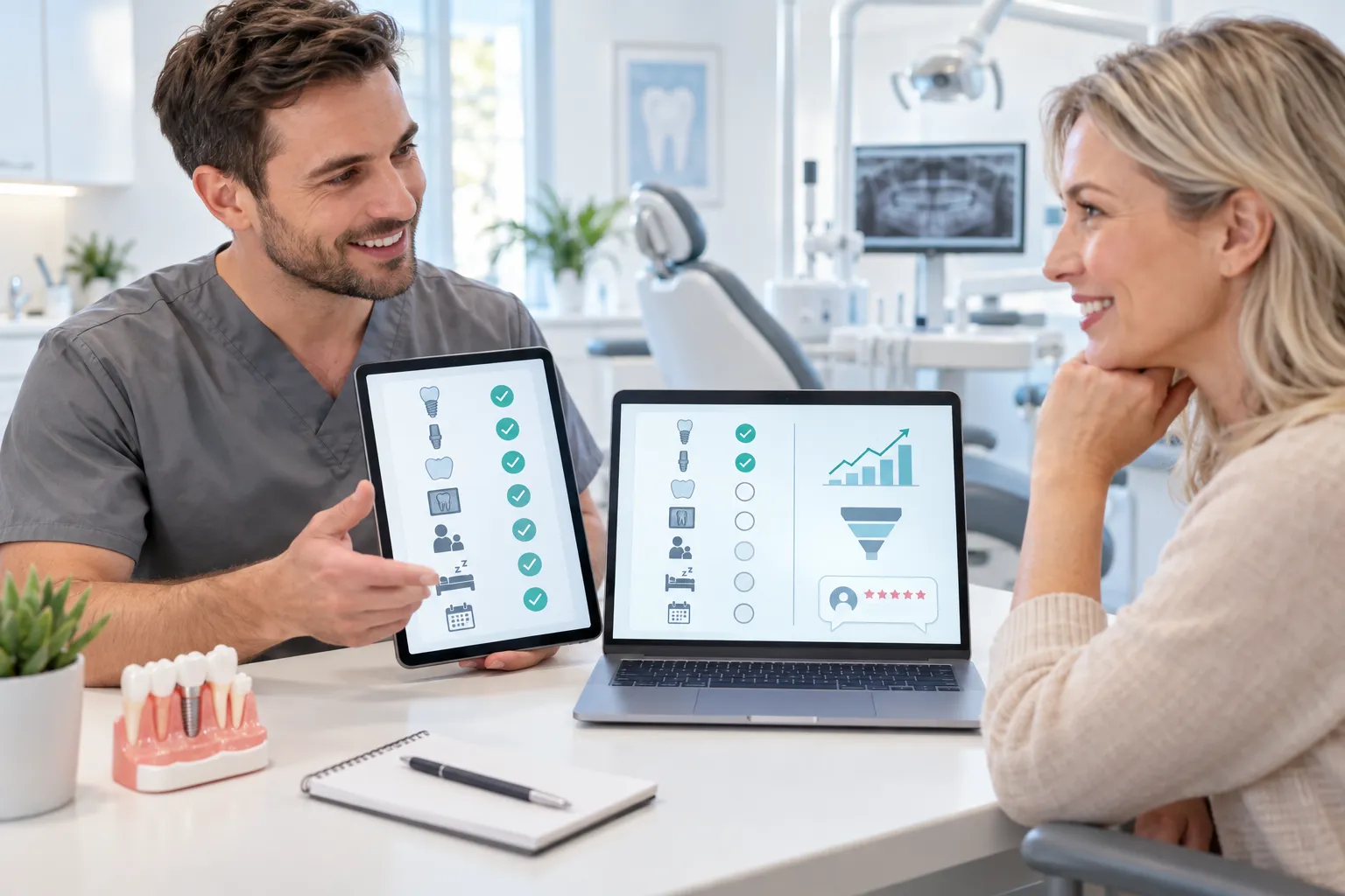 Modern digital marketing visual for dental implants showing technology and growth