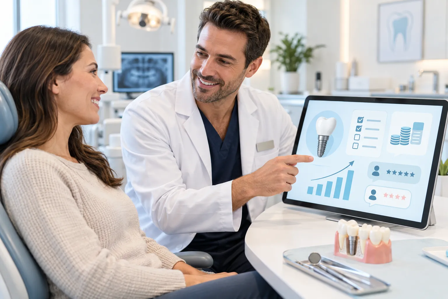 Modern digital graphic showing dental implant pricing checklist with technology elements