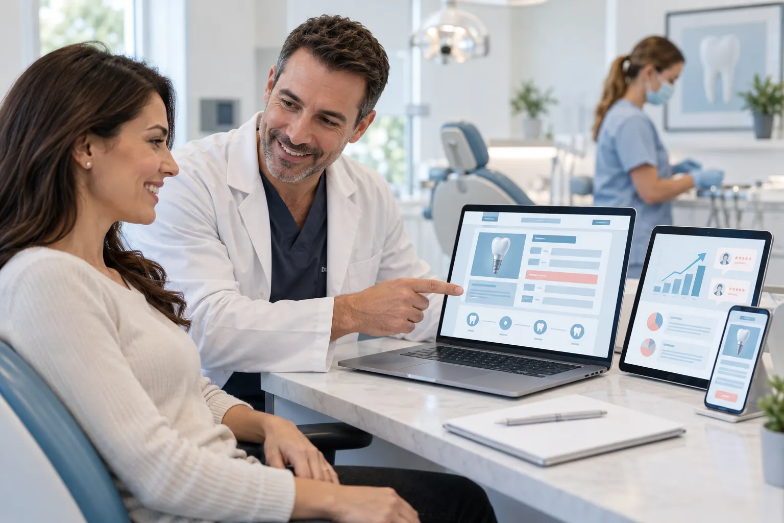 Digital marketing graphic showing dental implant SEO growth and lead generation strategies