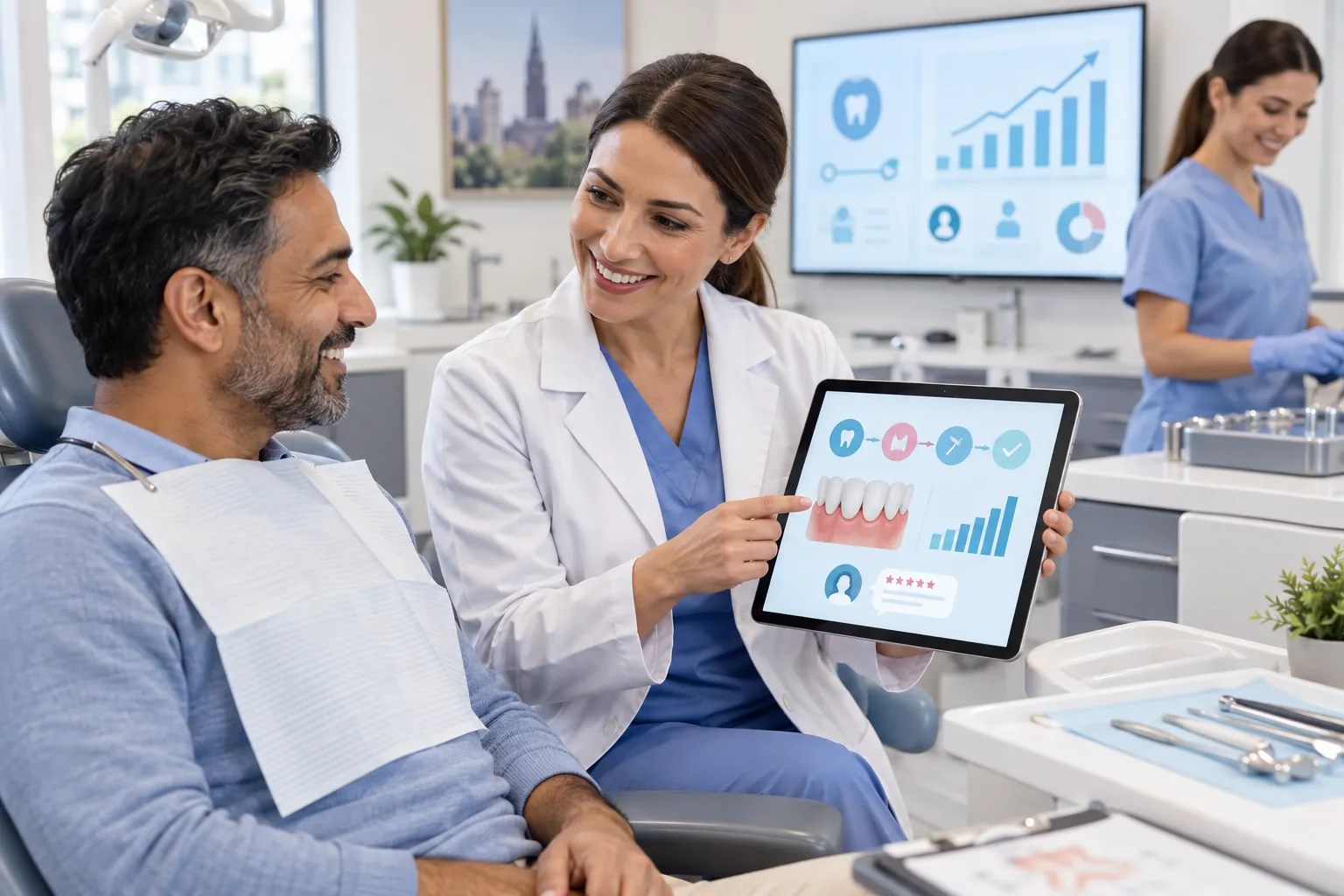 Digital marketing visual showing dental lead growth with technology icons