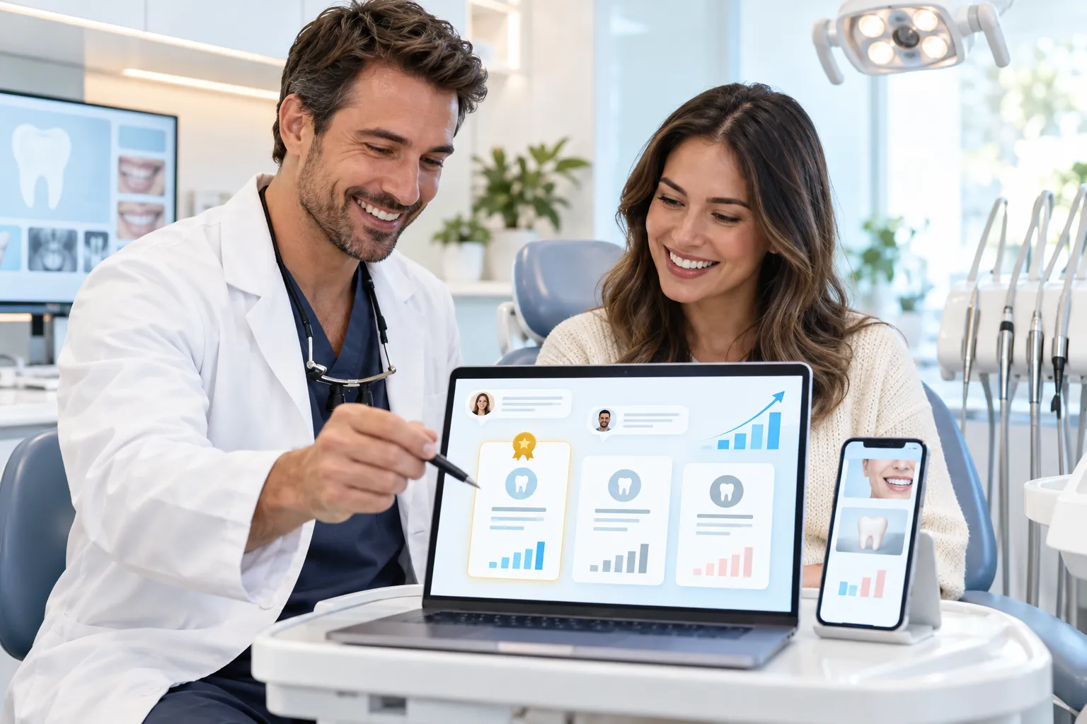Modern dental practice digital marketing illustration showing lead growth and Facebook ads