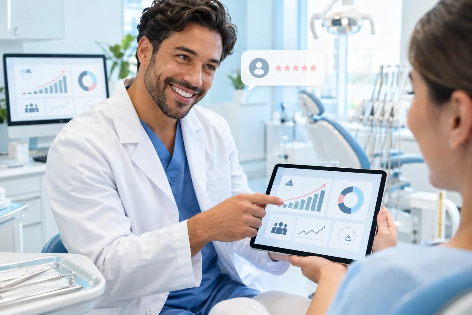 Digital marketing dashboard showing dental practice growth metrics and KPIs
